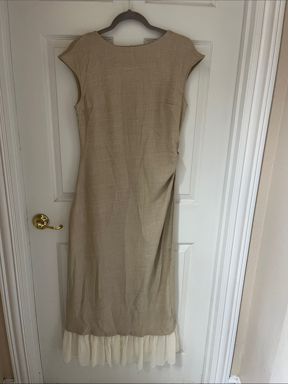 Beige Midi Dress with Cream Ruffle Hem